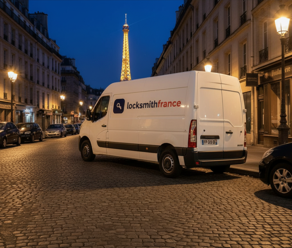 A traveller speaking calmly on the phone to an English-speaking locksmith dispatcher in France