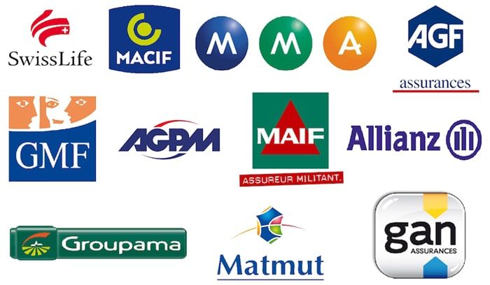 Logos of French insurance companies we work with: SwissLife, MACIF, MMA, AGF, GMF, AGPM, MAIF, Allianz, Groupama, Matmut and GAN Assurances