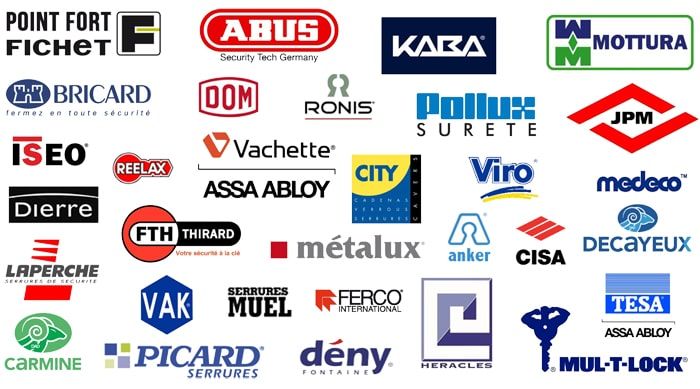 Logos of lock brands our partner locksmiths are trained on: Fichet, Abus, Kaba, Mottura, Bricard, Vachette, Assa Abloy, Mul-T-Lock, Tesa, Cisa, Medeco and others